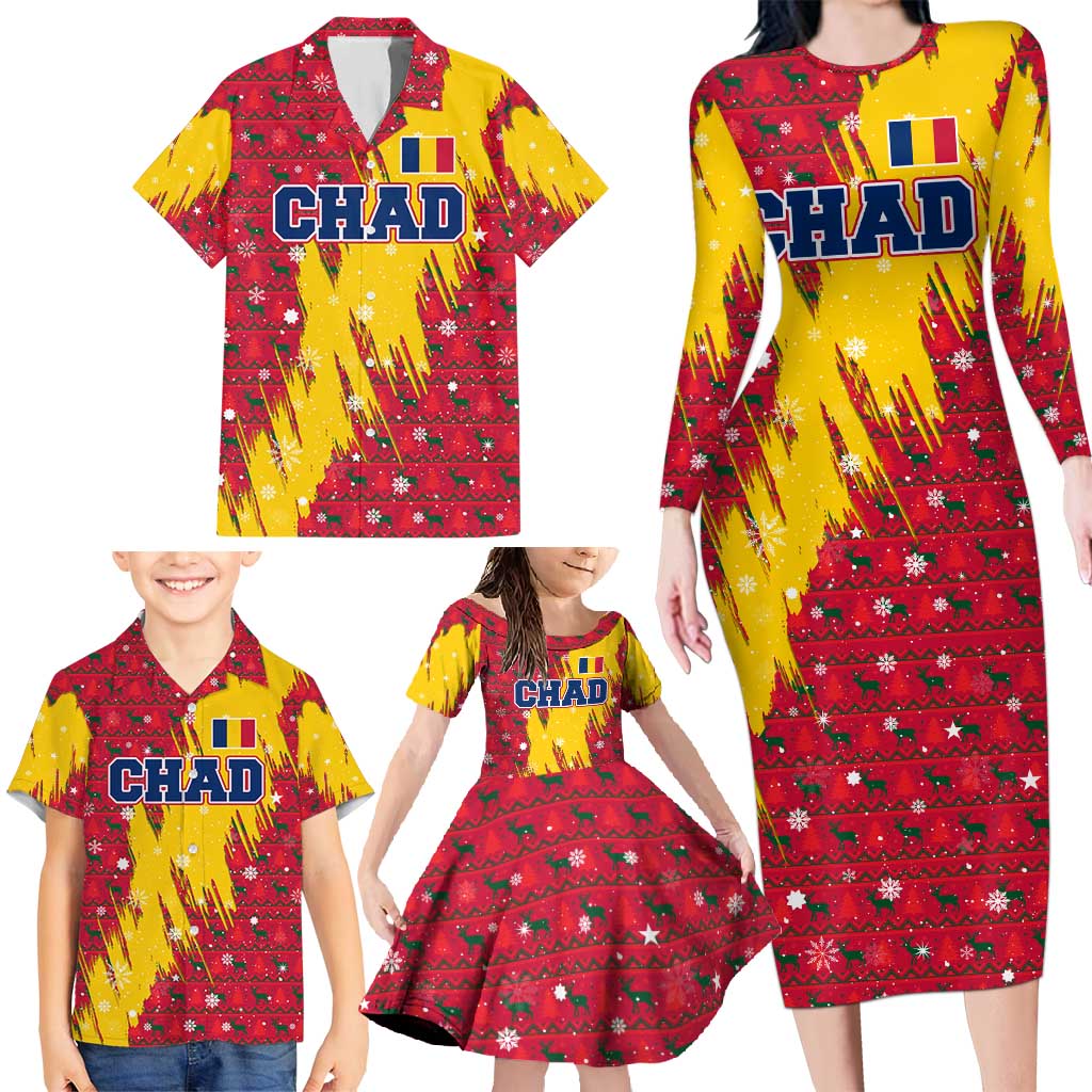 Chad Christmas Family Matching Long Sleeve Bodycon Dress and Hawaiian Shirt with Red-Yellow Festive Pattern, National Coat of Arms, and Snowflake Accents - Wonder Print Shop