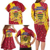 Chad Christmas Family Matching Long Sleeve Bodycon Dress and Hawaiian Shirt with Red-Yellow Festive Pattern, National Coat of Arms, and Snowflake Accents - Wonder Print Shop