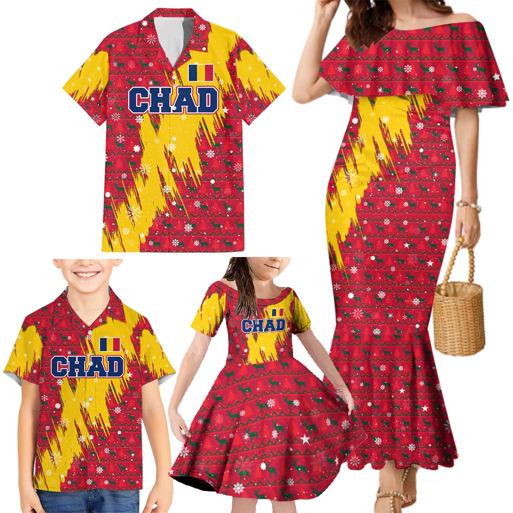 Chad Christmas Family Matching Mermaid Dress and Hawaiian Shirt with Red-Yellow Festive Pattern, National Coat of Arms, and Snowflake Accents - Wonder Print Shop