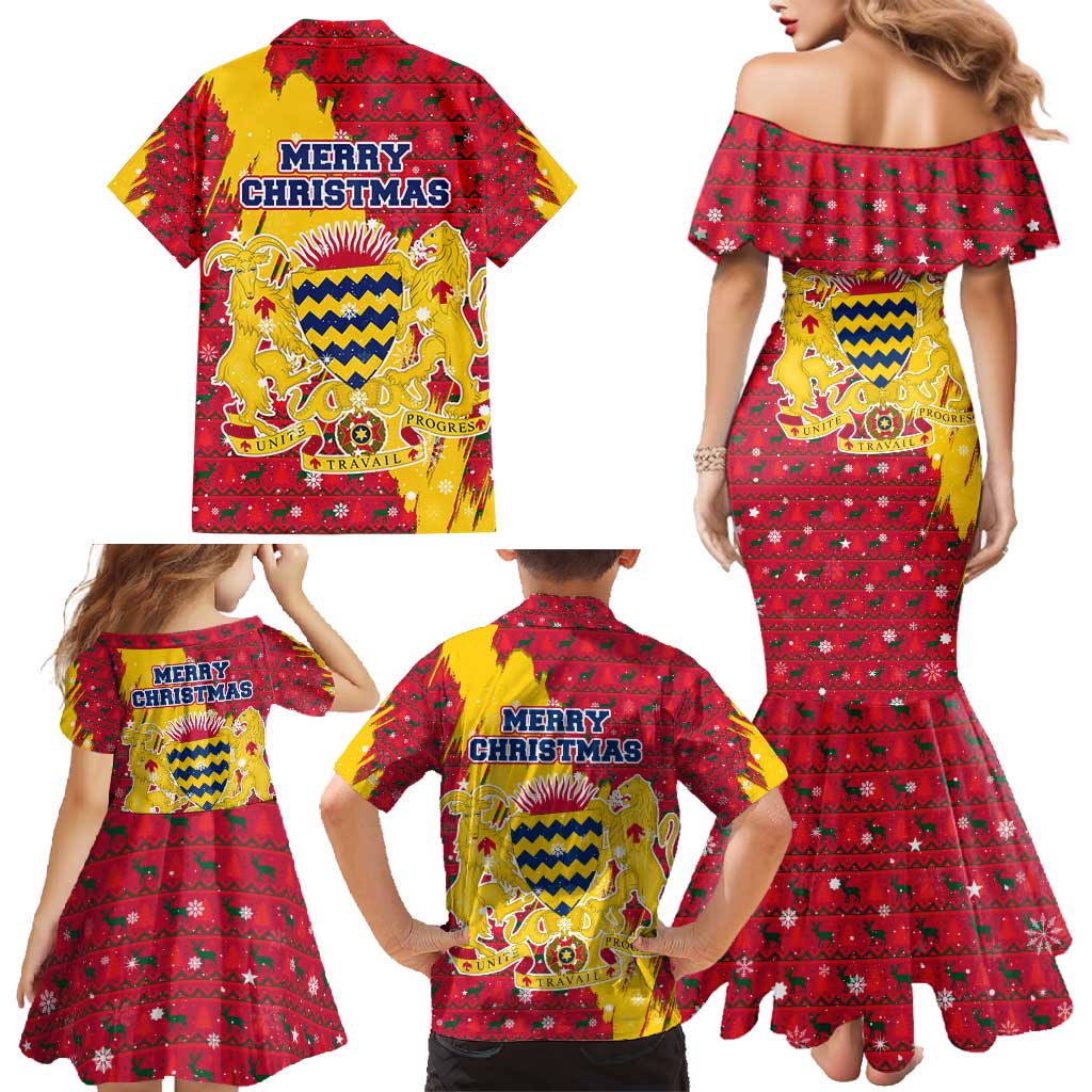 Chad Christmas Family Matching Mermaid Dress and Hawaiian Shirt with Red-Yellow Festive Pattern, National Coat of Arms, and Snowflake Accents - Wonder Print Shop
