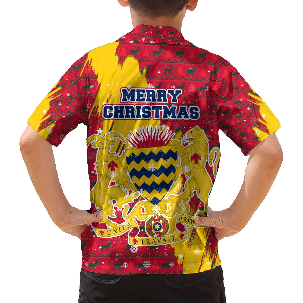 Chad Christmas Family Matching Off The Shoulder Long Sleeve Dress and Hawaiian Shirt with Red-Yellow Festive Pattern, National Coat of Arms, and Snowflake Accents - Wonder Print Shop