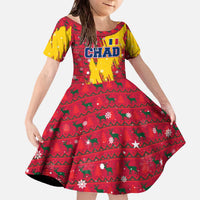 Chad Christmas Family Matching Off The Shoulder Long Sleeve Dress and Hawaiian Shirt with Red-Yellow Festive Pattern, National Coat of Arms, and Snowflake Accents - Wonder Print Shop
