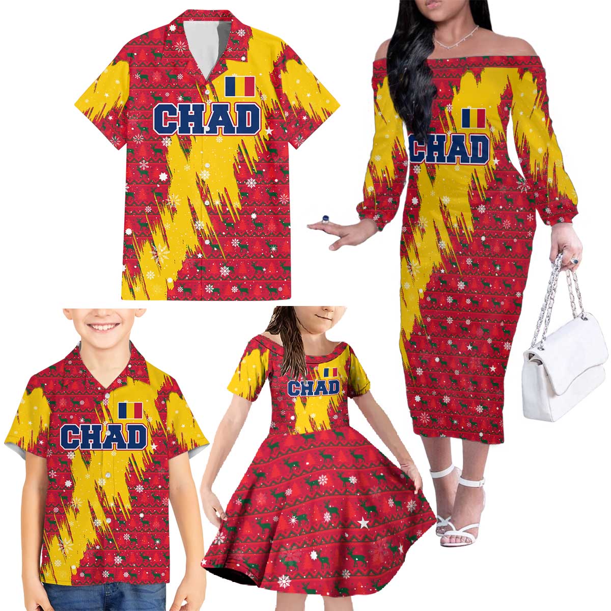 Chad Christmas Family Matching Off The Shoulder Long Sleeve Dress and Hawaiian Shirt with Red-Yellow Festive Pattern, National Coat of Arms, and Snowflake Accents - Wonder Print Shop
