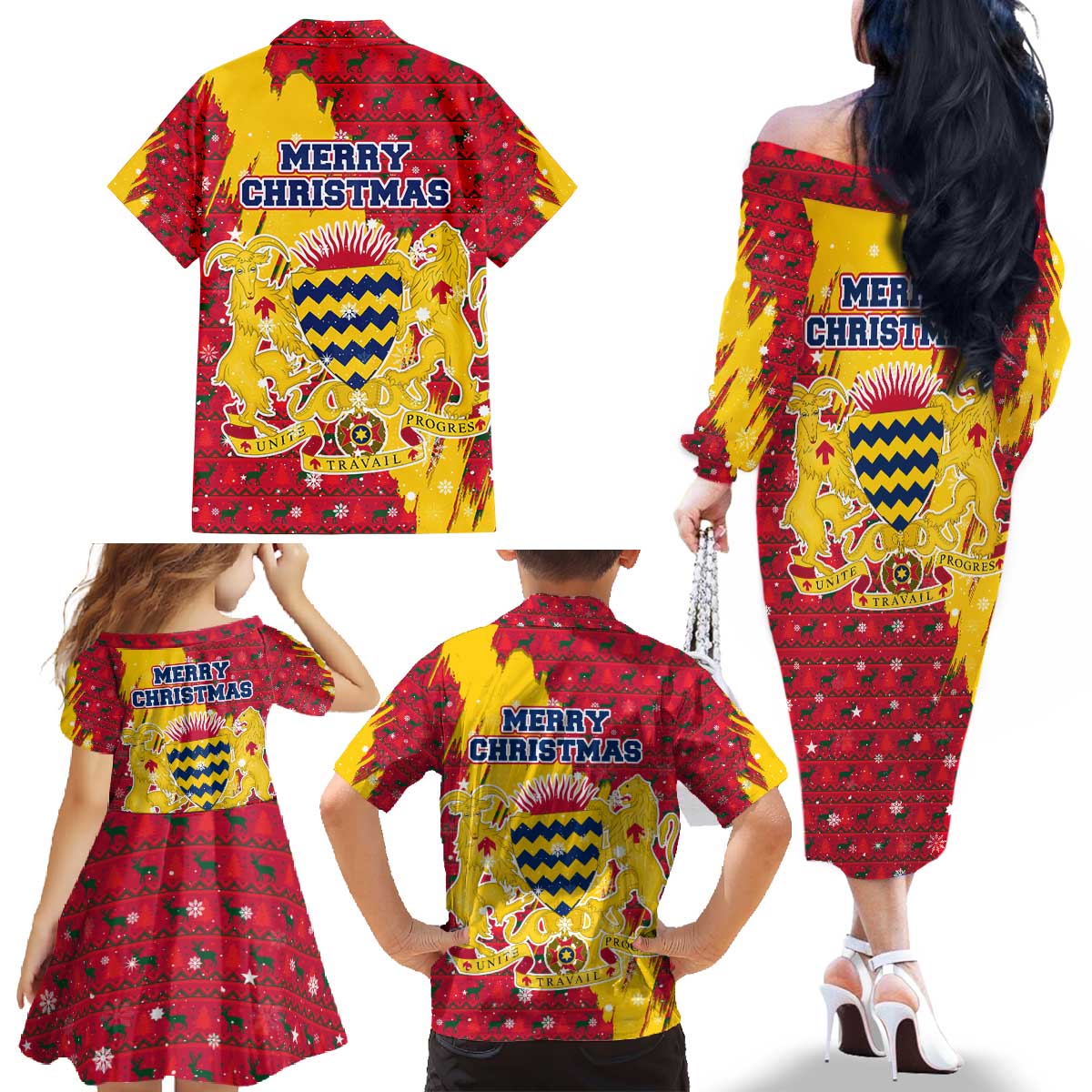 Chad Christmas Family Matching Off The Shoulder Long Sleeve Dress and Hawaiian Shirt with Red-Yellow Festive Pattern, National Coat of Arms, and Snowflake Accents - Wonder Print Shop