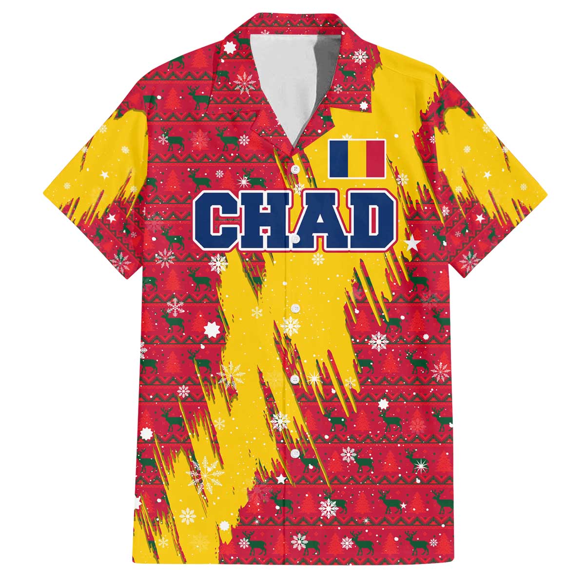 Chad Christmas Family Matching Off The Shoulder Long Sleeve Dress and Hawaiian Shirt with Red-Yellow Festive Pattern, National Coat of Arms, and Snowflake Accents - Wonder Print Shop