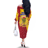 Chad Christmas Family Matching Off The Shoulder Long Sleeve Dress and Hawaiian Shirt with Red-Yellow Festive Pattern, National Coat of Arms, and Snowflake Accents - Wonder Print Shop