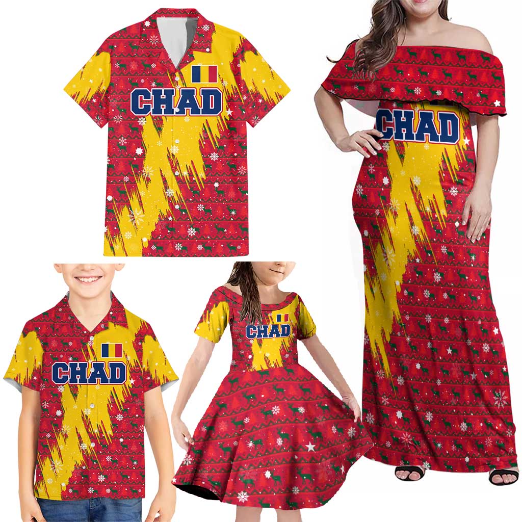 Chad Christmas Family Matching Off Shoulder Maxi Dress and Hawaiian Shirt with Red-Yellow Festive Pattern, National Coat of Arms, and Snowflake Accents - Wonder Print Shop
