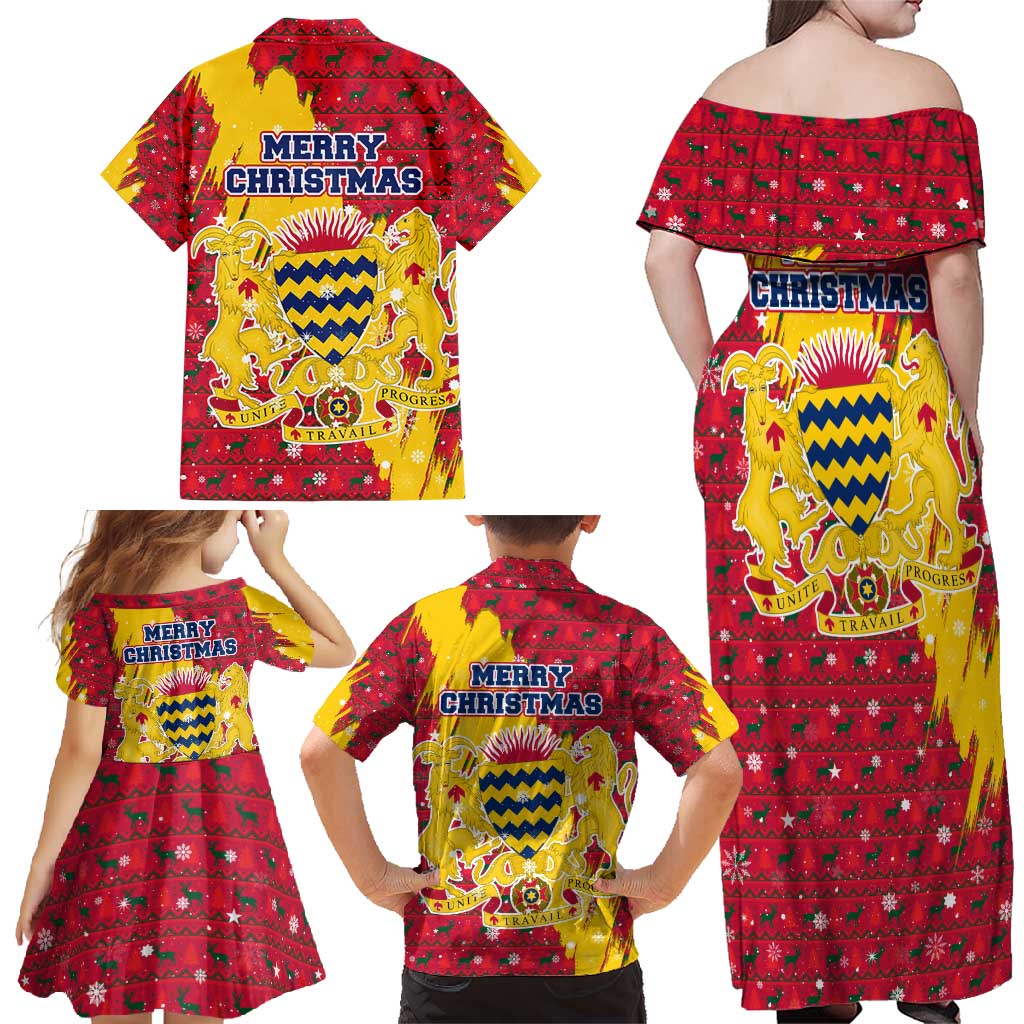 Chad Christmas Family Matching Off Shoulder Maxi Dress and Hawaiian Shirt with Red-Yellow Festive Pattern, National Coat of Arms, and Snowflake Accents - Wonder Print Shop