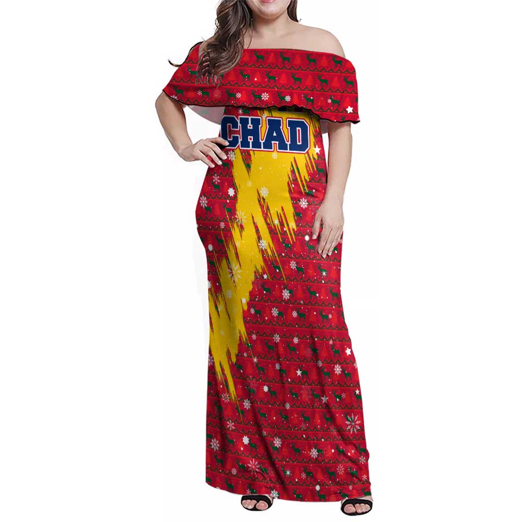Chad Christmas Family Matching Off Shoulder Maxi Dress and Hawaiian Shirt with Red-Yellow Festive Pattern, National Coat of Arms, and Snowflake Accents - Wonder Print Shop