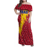 Chad Christmas Family Matching Off Shoulder Maxi Dress and Hawaiian Shirt with Red-Yellow Festive Pattern, National Coat of Arms, and Snowflake Accents - Wonder Print Shop