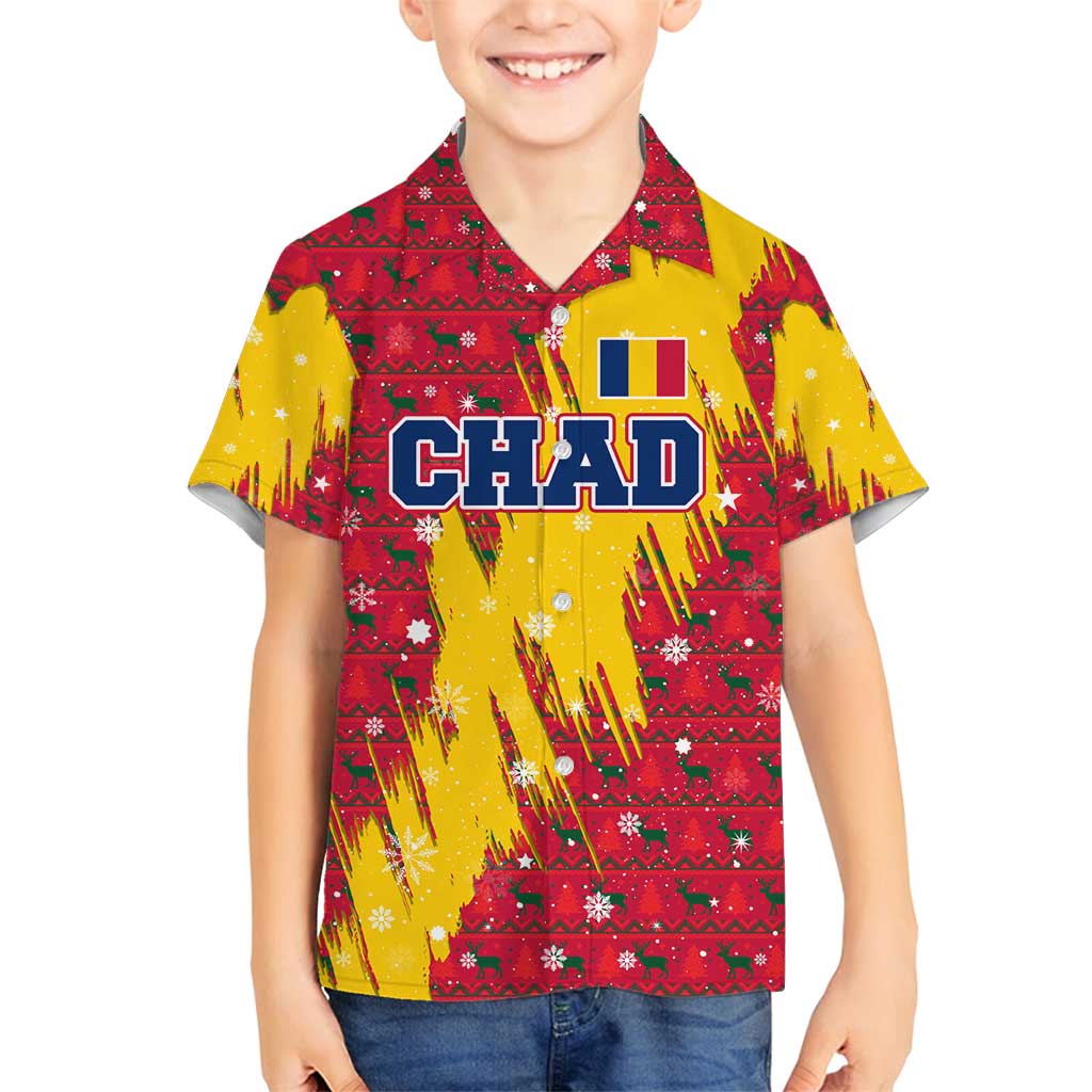 Chad Christmas Family Matching Off Shoulder Maxi Dress and Hawaiian Shirt with Red-Yellow Festive Pattern, National Coat of Arms, and Snowflake Accents - Wonder Print Shop