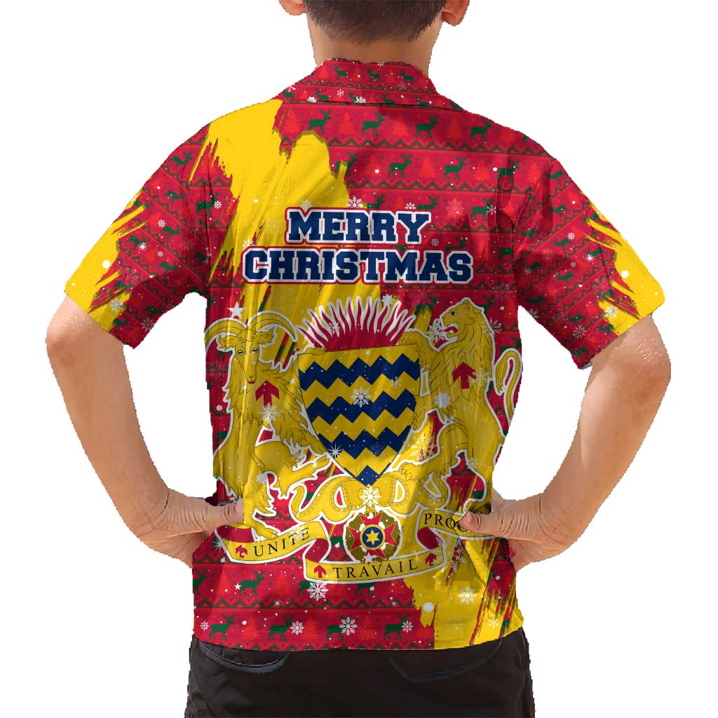 Chad Christmas Family Matching Off Shoulder Short Dress and Hawaiian Shirt with Red-Yellow Festive Pattern, National Coat of Arms, and Snowflake Accents - Wonder Print Shop