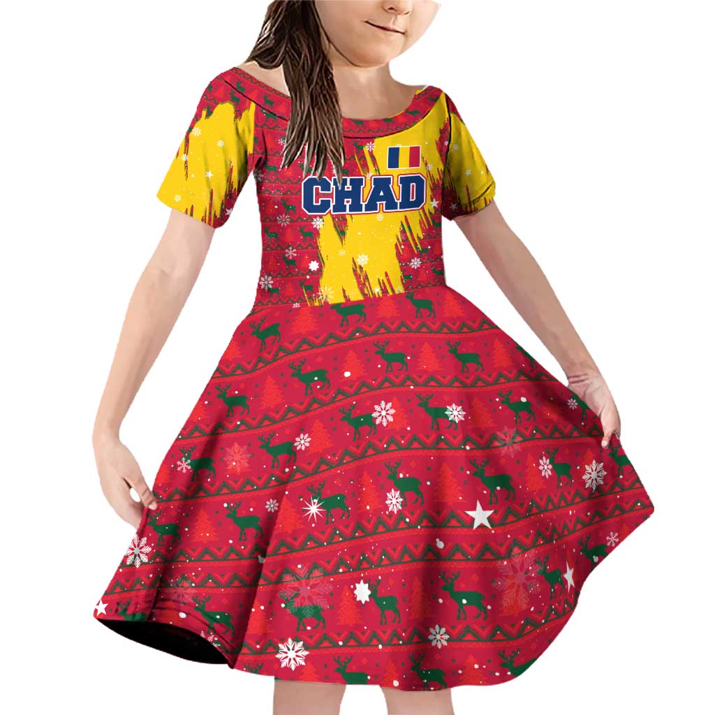 Chad Christmas Family Matching Off Shoulder Short Dress and Hawaiian Shirt with Red-Yellow Festive Pattern, National Coat of Arms, and Snowflake Accents - Wonder Print Shop