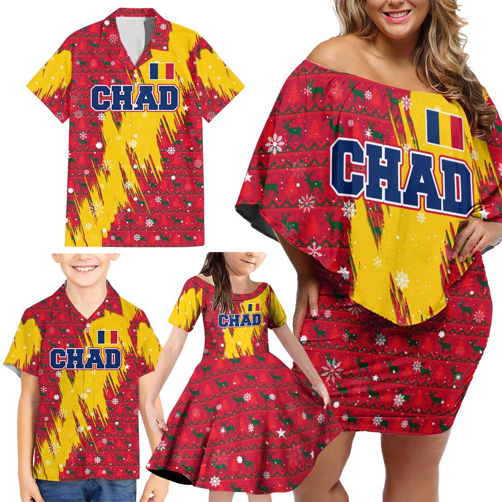 Chad Christmas Family Matching Off Shoulder Short Dress and Hawaiian Shirt with Red-Yellow Festive Pattern, National Coat of Arms, and Snowflake Accents - Wonder Print Shop