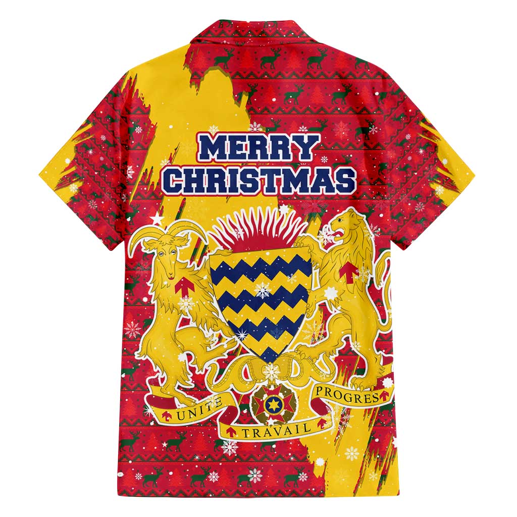 Chad Christmas Family Matching Off Shoulder Short Dress and Hawaiian Shirt with Red-Yellow Festive Pattern, National Coat of Arms, and Snowflake Accents - Wonder Print Shop