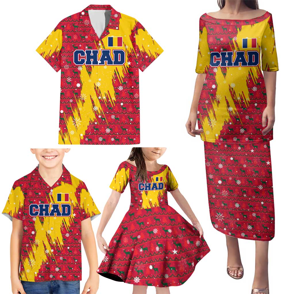 Chad Christmas Family Matching Puletasi and Hawaiian Shirt with Red-Yellow Festive Pattern, National Coat of Arms, and Snowflake Accents - Wonder Print Shop