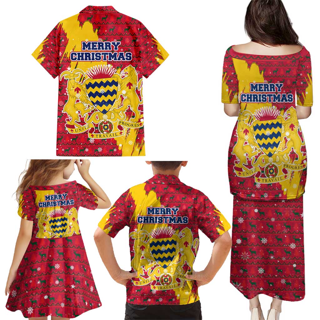 Chad Christmas Family Matching Puletasi and Hawaiian Shirt with Red-Yellow Festive Pattern, National Coat of Arms, and Snowflake Accents - Wonder Print Shop