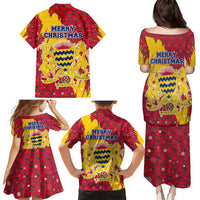 Chad Christmas Family Matching Puletasi and Hawaiian Shirt with Red-Yellow Festive Pattern, National Coat of Arms, and Snowflake Accents - Wonder Print Shop