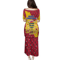 Chad Christmas Family Matching Puletasi and Hawaiian Shirt with Red-Yellow Festive Pattern, National Coat of Arms, and Snowflake Accents - Wonder Print Shop