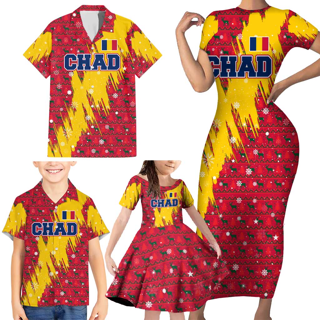 Chad Christmas Family Matching Short Sleeve Bodycon Dress and Hawaiian Shirt with Red-Yellow Festive Pattern, National Coat of Arms, and Snowflake Accents - Wonder Print Shop