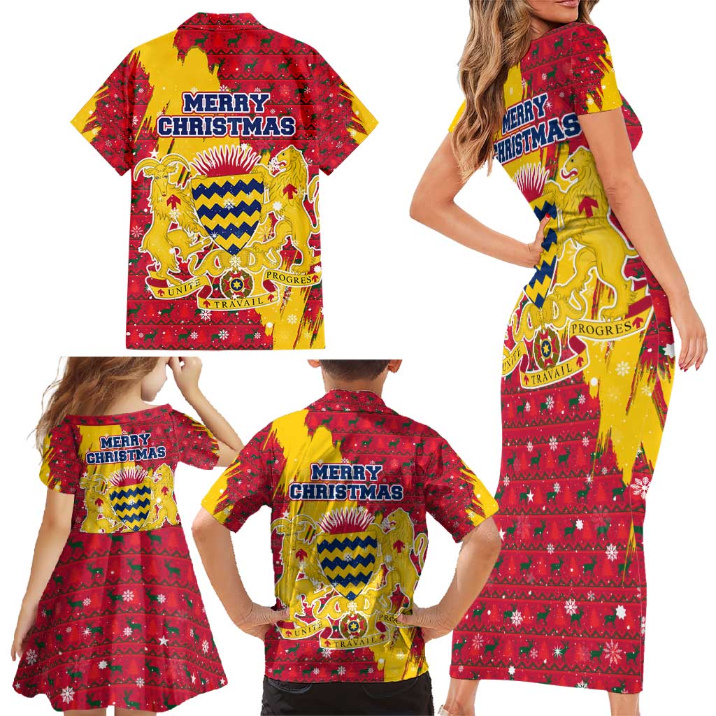 Chad Christmas Family Matching Short Sleeve Bodycon Dress and Hawaiian Shirt with Red-Yellow Festive Pattern, National Coat of Arms, and Snowflake Accents - Wonder Print Shop
