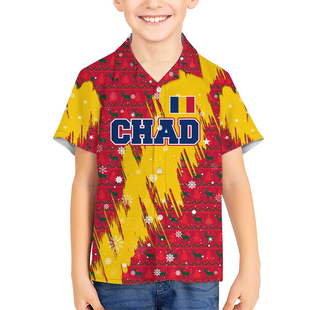 Chad Christmas Family Matching Short Sleeve Bodycon Dress and Hawaiian Shirt with Red-Yellow Festive Pattern, National Coat of Arms, and Snowflake Accents - Wonder Print Shop