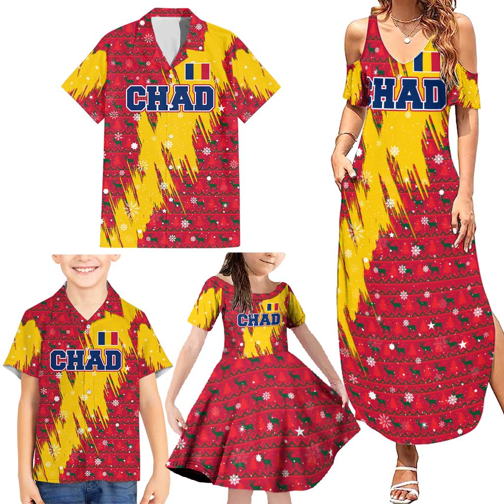 Chad Christmas Family Matching Summer Maxi Dress and Hawaiian Shirt with Red-Yellow Festive Pattern, National Coat of Arms, and Snowflake Accents - Wonder Print Shop