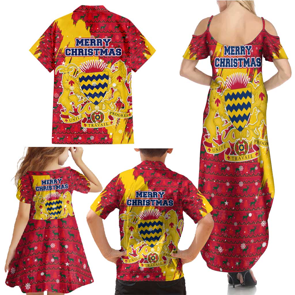 Chad Christmas Family Matching Summer Maxi Dress and Hawaiian Shirt with Red-Yellow Festive Pattern, National Coat of Arms, and Snowflake Accents - Wonder Print Shop