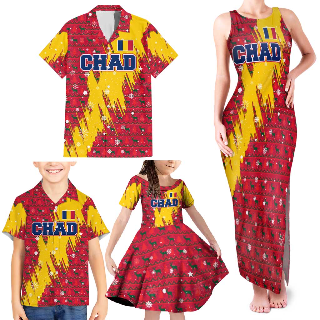 Chad Christmas Family Matching Tank Maxi Dress and Hawaiian Shirt with Red-Yellow Festive Pattern, National Coat of Arms, and Snowflake Accents - Wonder Print Shop
