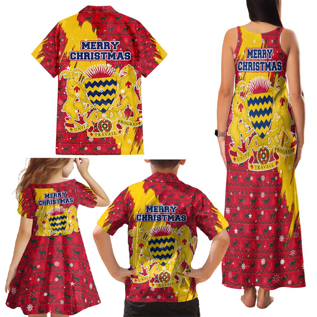 Chad Christmas Family Matching Tank Maxi Dress and Hawaiian Shirt with Red-Yellow Festive Pattern, National Coat of Arms, and Snowflake Accents - Wonder Print Shop