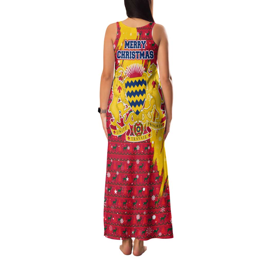 Chad Christmas Family Matching Tank Maxi Dress and Hawaiian Shirt with Red-Yellow Festive Pattern, National Coat of Arms, and Snowflake Accents - Wonder Print Shop