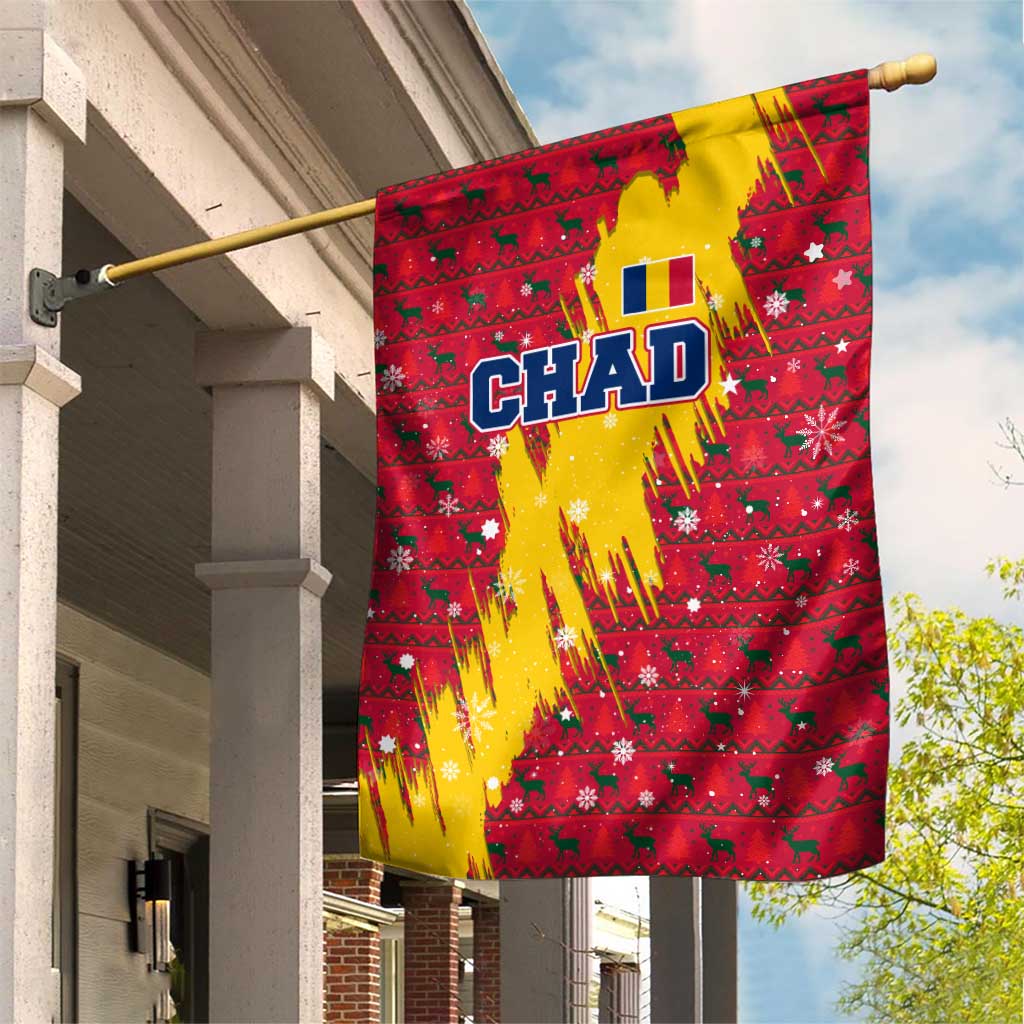 Chad Christmas Garden Flag with Red-Yellow Festive Pattern, National Coat of Arms, and Snowflake Accents - Wonder Print Shop