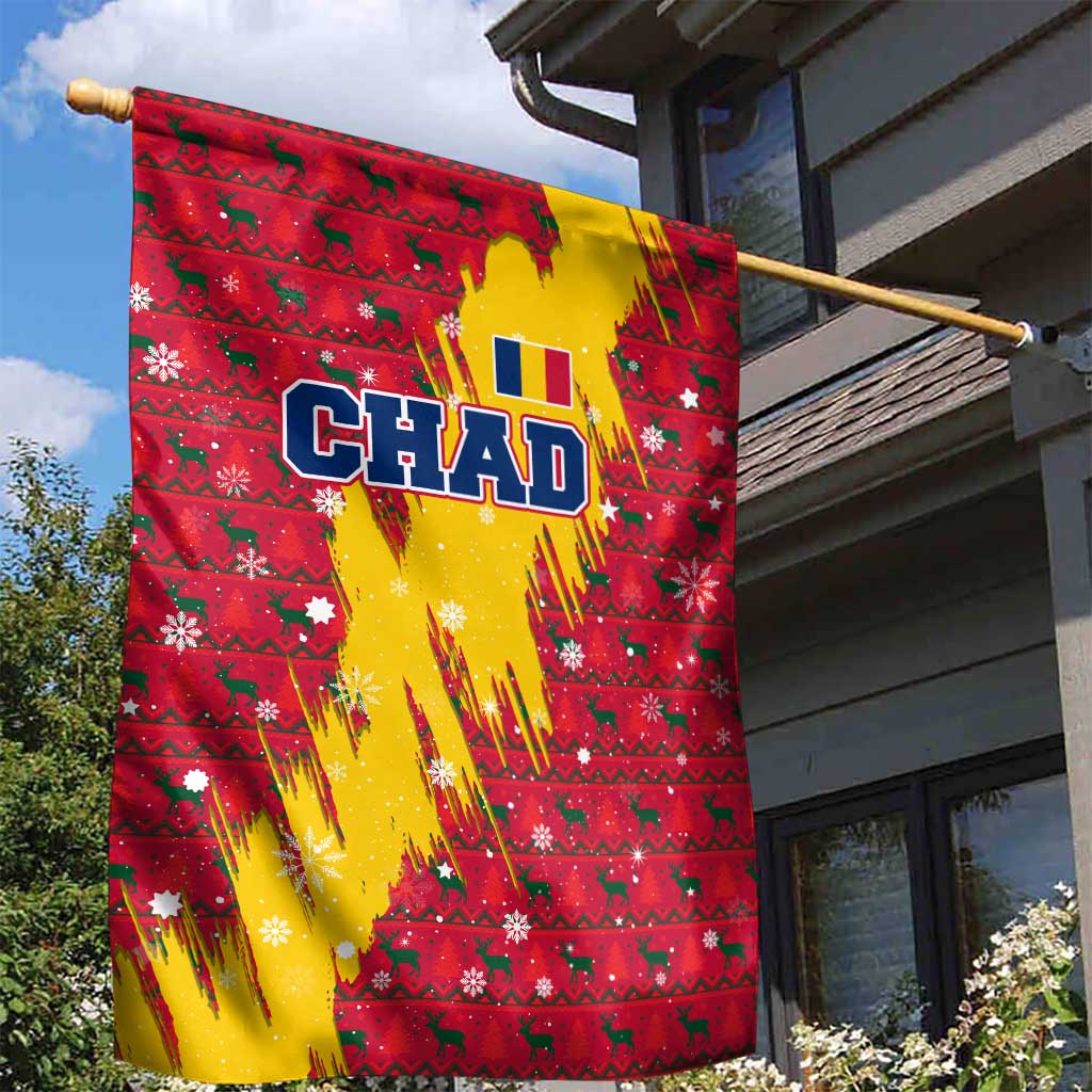Chad Christmas Garden Flag with Red-Yellow Festive Pattern, National Coat of Arms, and Snowflake Accents - Wonder Print Shop