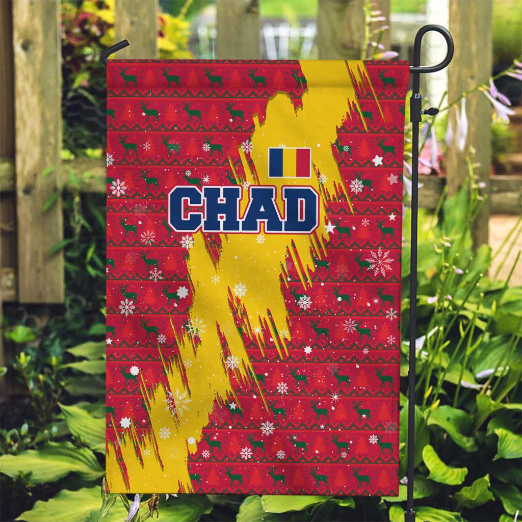 Chad Christmas Garden Flag with Red-Yellow Festive Pattern, National Coat of Arms, and Snowflake Accents - Wonder Print Shop