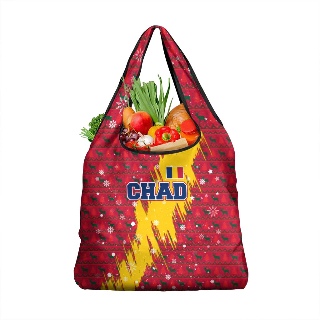 Chad Christmas Grocery Bag with Red-Yellow Festive Pattern, National Coat of Arms, and Snowflake Accents - Wonder Print Shop
