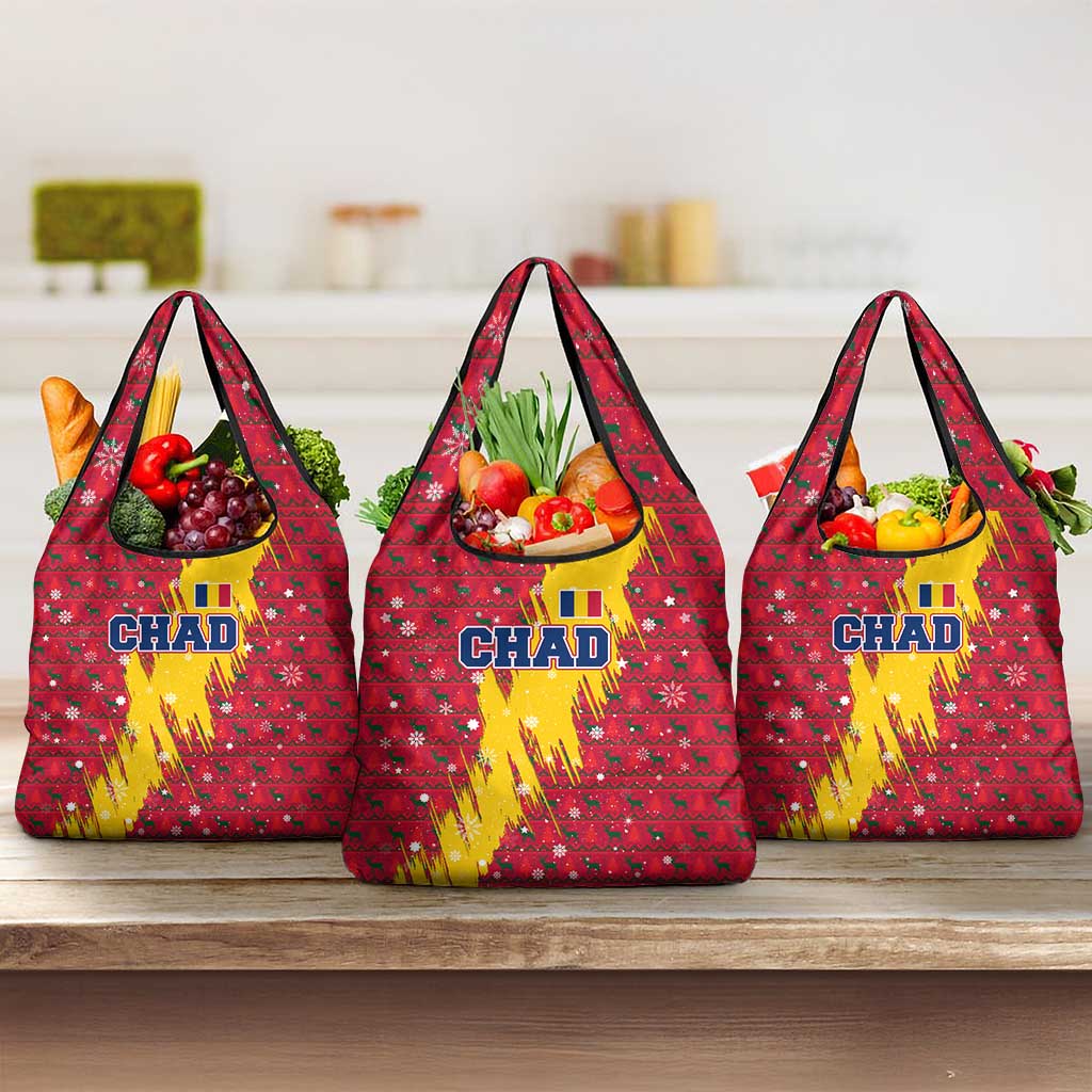 Chad Christmas Grocery Bag with Red-Yellow Festive Pattern, National Coat of Arms, and Snowflake Accents - Wonder Print Shop