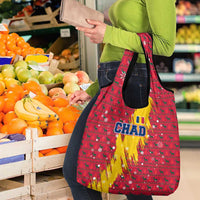 Chad Christmas Grocery Bag with Red-Yellow Festive Pattern, National Coat of Arms, and Snowflake Accents - Wonder Print Shop