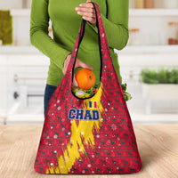 Chad Christmas Grocery Bag with Red-Yellow Festive Pattern, National Coat of Arms, and Snowflake Accents - Wonder Print Shop