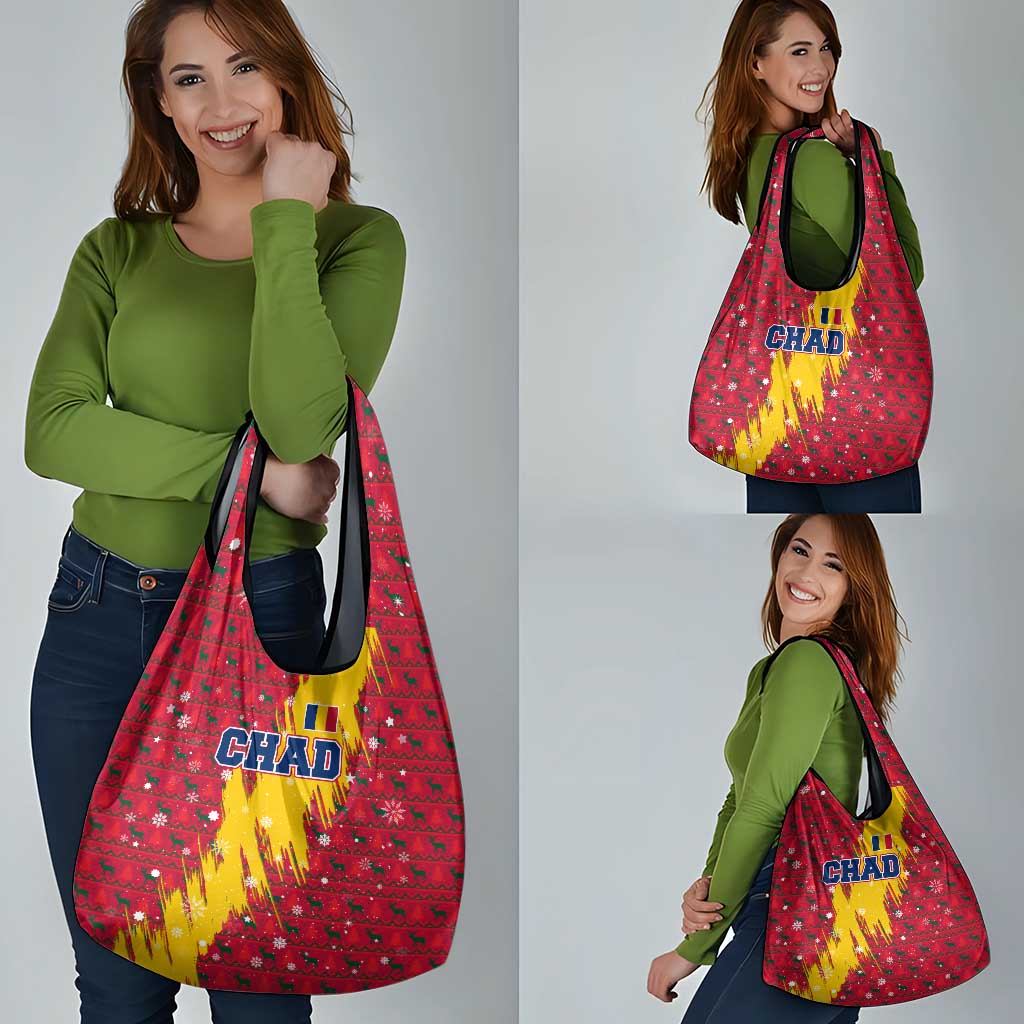 Chad Christmas Grocery Bag with Red-Yellow Festive Pattern, National Coat of Arms, and Snowflake Accents - Wonder Print Shop