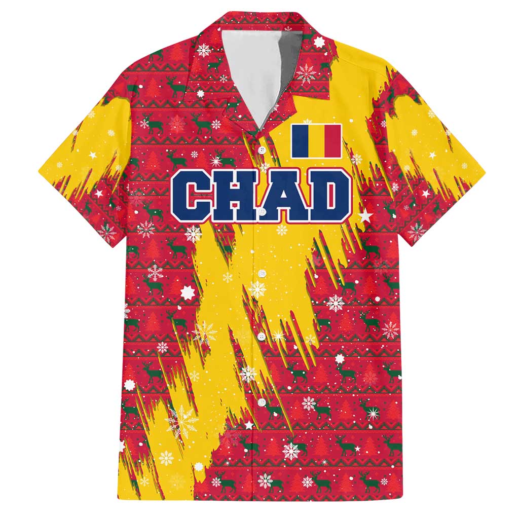 Chad Christmas Hawaiian Shirt with Red-Yellow Festive Pattern, National Coat of Arms, and Snowflake Accents - Wonder Print Shop