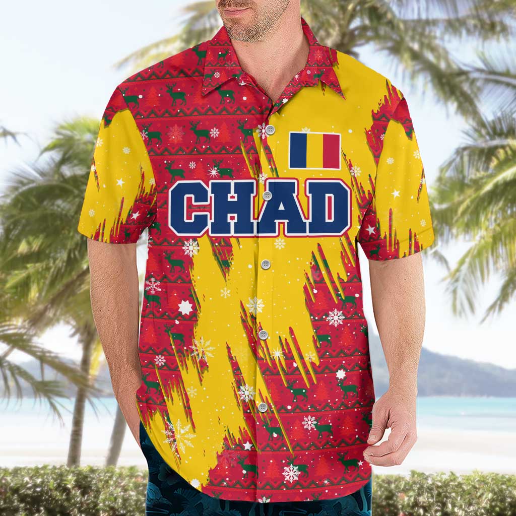 Chad Christmas Hawaiian Shirt with Red-Yellow Festive Pattern, National Coat of Arms, and Snowflake Accents - Wonder Print Shop