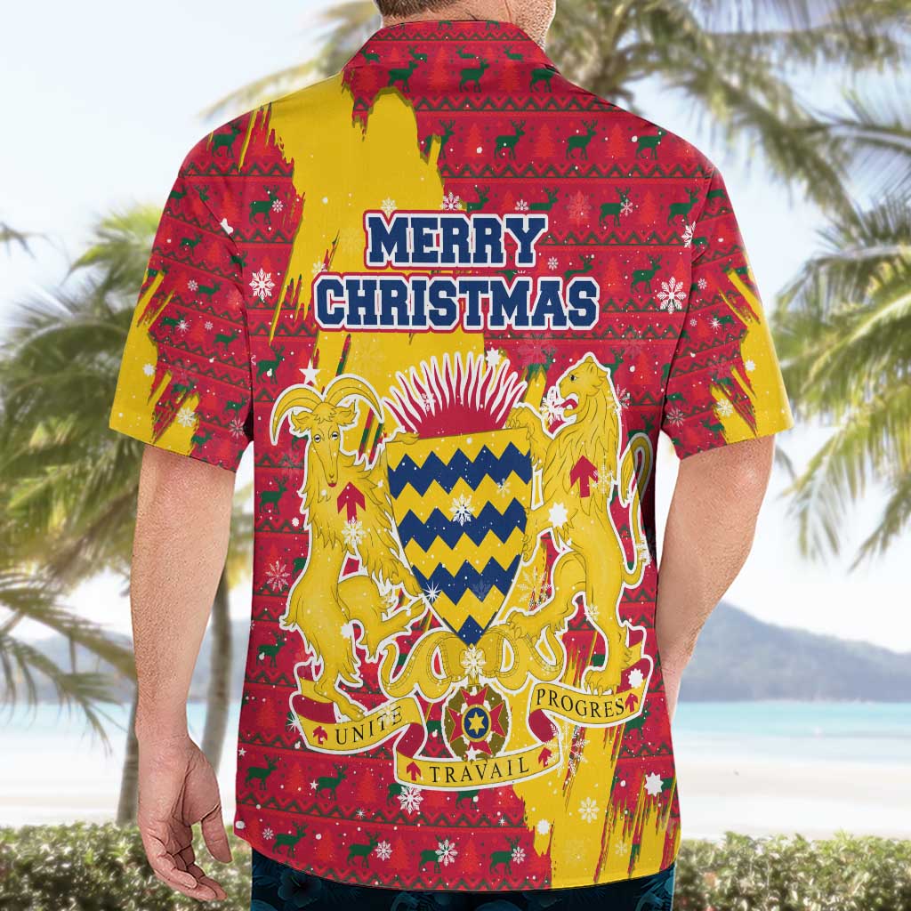 Chad Christmas Hawaiian Shirt with Red-Yellow Festive Pattern, National Coat of Arms, and Snowflake Accents - Wonder Print Shop