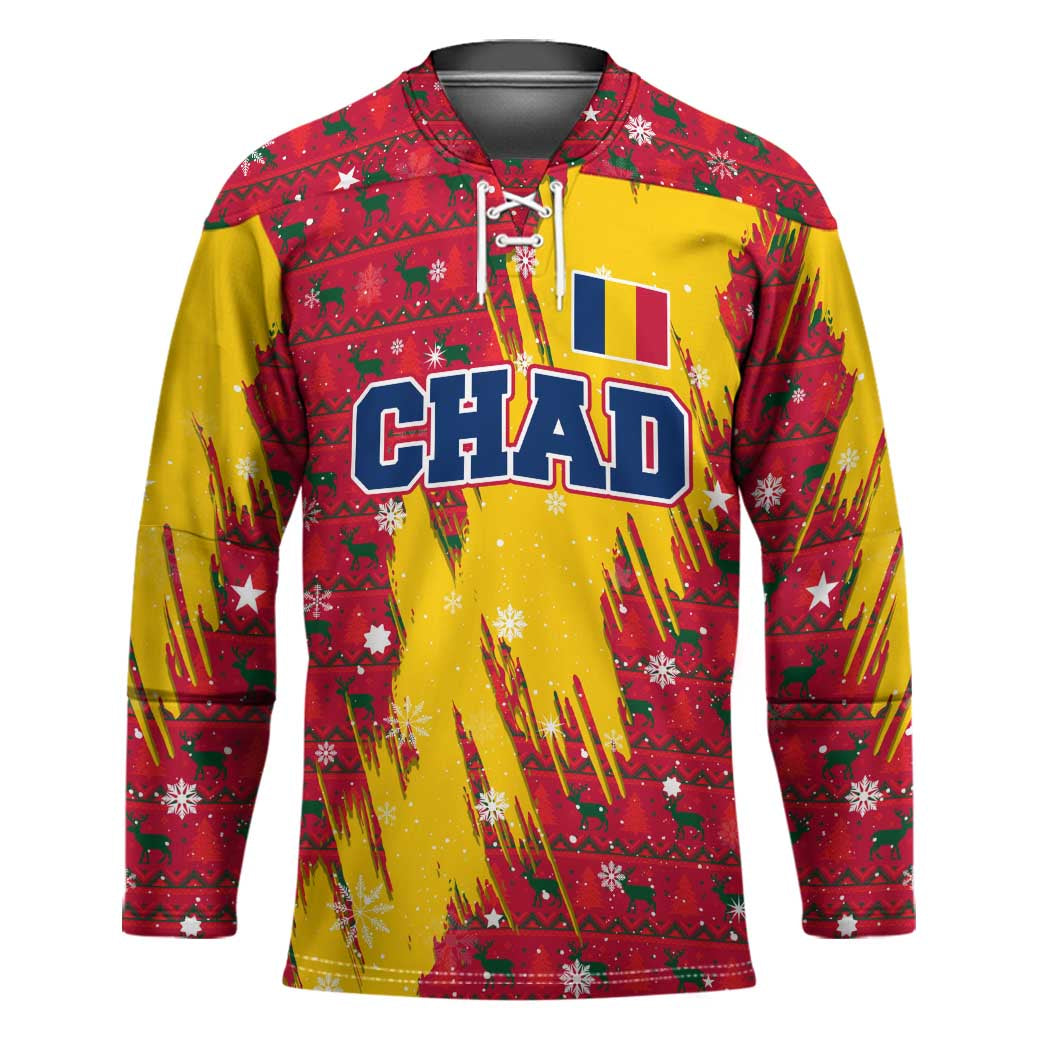 Chad Christmas Hockey Jersey with Red-Yellow Festive Pattern, National Coat of Arms, and Snowflake Accents - Wonder Print Shop