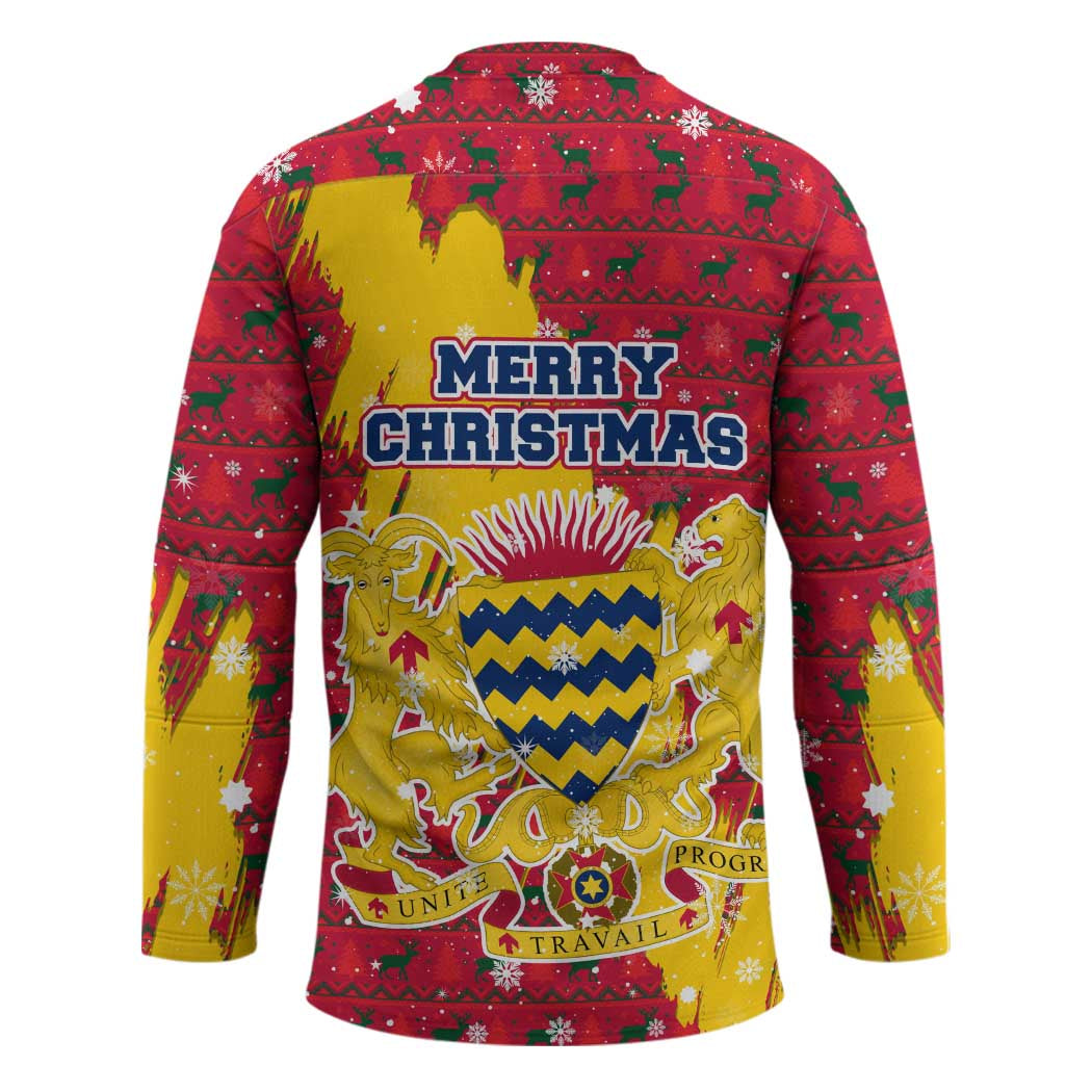 Chad Christmas Hockey Jersey with Red-Yellow Festive Pattern, National Coat of Arms, and Snowflake Accents - Wonder Print Shop