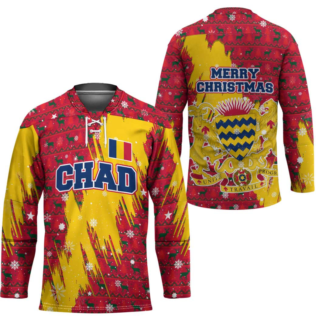 Chad Christmas Hockey Jersey with Red-Yellow Festive Pattern, National Coat of Arms, and Snowflake Accents - Wonder Print Shop