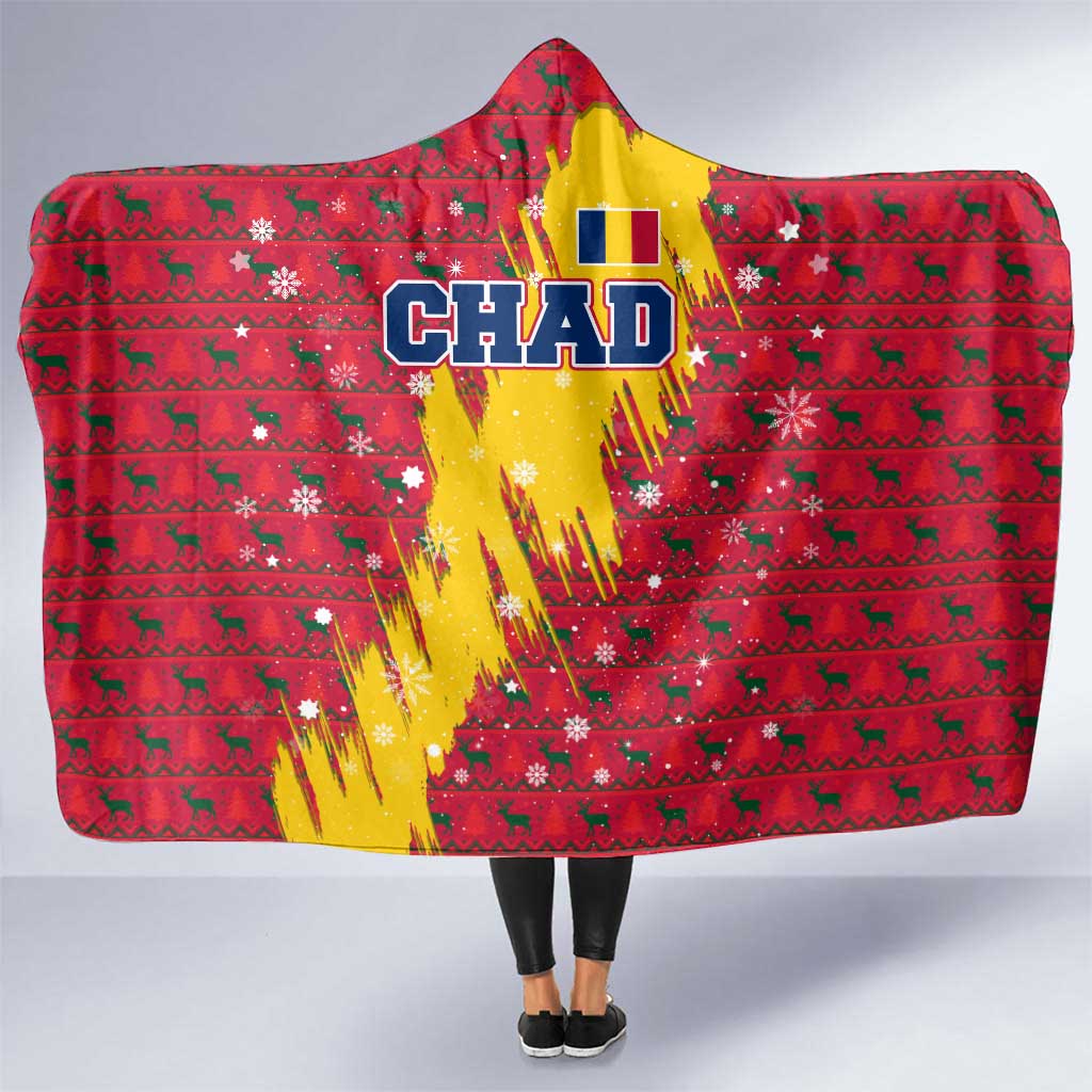 Chad Christmas Hooded Blanket with Red-Yellow Festive Pattern, National Coat of Arms, and Snowflake Accents - Wonder Print Shop