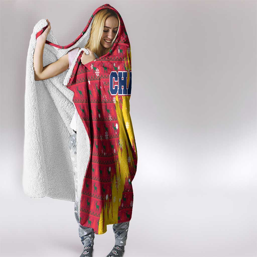 Chad Christmas Hooded Blanket with Red-Yellow Festive Pattern, National Coat of Arms, and Snowflake Accents - Wonder Print Shop