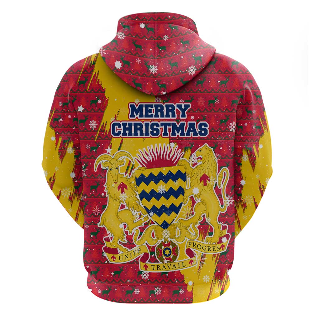Chad Christmas Hoodie with Red-Yellow Festive Pattern, National Coat of Arms, and Snowflake Accents - Wonder Print Shop