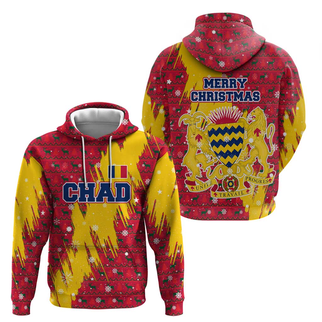 Chad Christmas Hoodie with Red-Yellow Festive Pattern, National Coat of Arms, and Snowflake Accents - Wonder Print Shop
