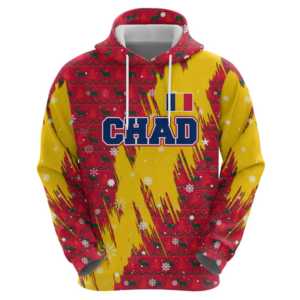 Chad Christmas Hoodie with Red-Yellow Festive Pattern, National Coat of Arms, and Snowflake Accents - Wonder Print Shop